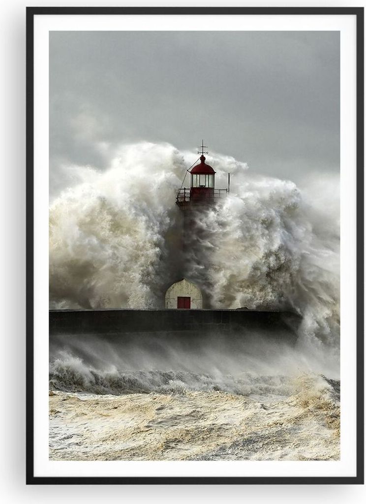 Gerahmtes Poster - Schwarzer Rahmen - Leuchtturm Ozean Sturm - 70x100 cm - Wand Bild - Wanddeko - Wandbilder - Wandposter - Bilderrahmen - Bilder -...