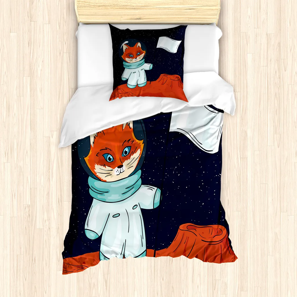 ABAKUHAUS Set copripiumino per letti singoli, Fox Kosmonaut Raum, antiacaro, adatto a chi soffre di allergie, con federa, 135 cm x 200 cm - 80 x 80 cm, multicolore