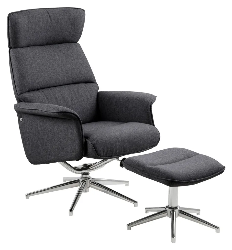 Fauteuil de relaxation gris foncé Alura et son pouf repose-pieds chromé