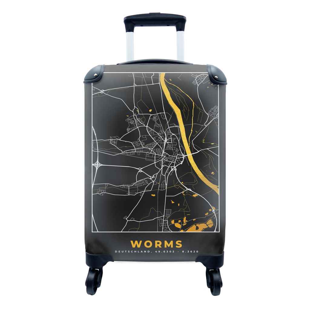 MuchoWow Koffer Handgepäck Trolley Rollkoffer Kleine Reisekoffer mit 4 Rollen - Schwarz und Gold - Stadtplan - Worms - Deutschland - Karte - Cab...