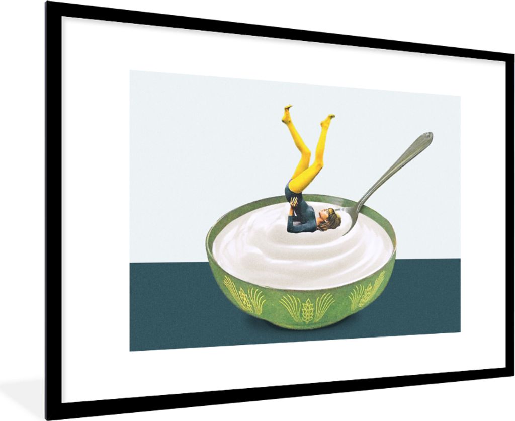 MuchoWow Gerahmtes Poster Joghurt - Yoga - Retro 90x60 cm - Poster mit Schwarzem Bilderrahmen Wandposter Rahmen Foto Bilder - Wanddekoration - Fotos
