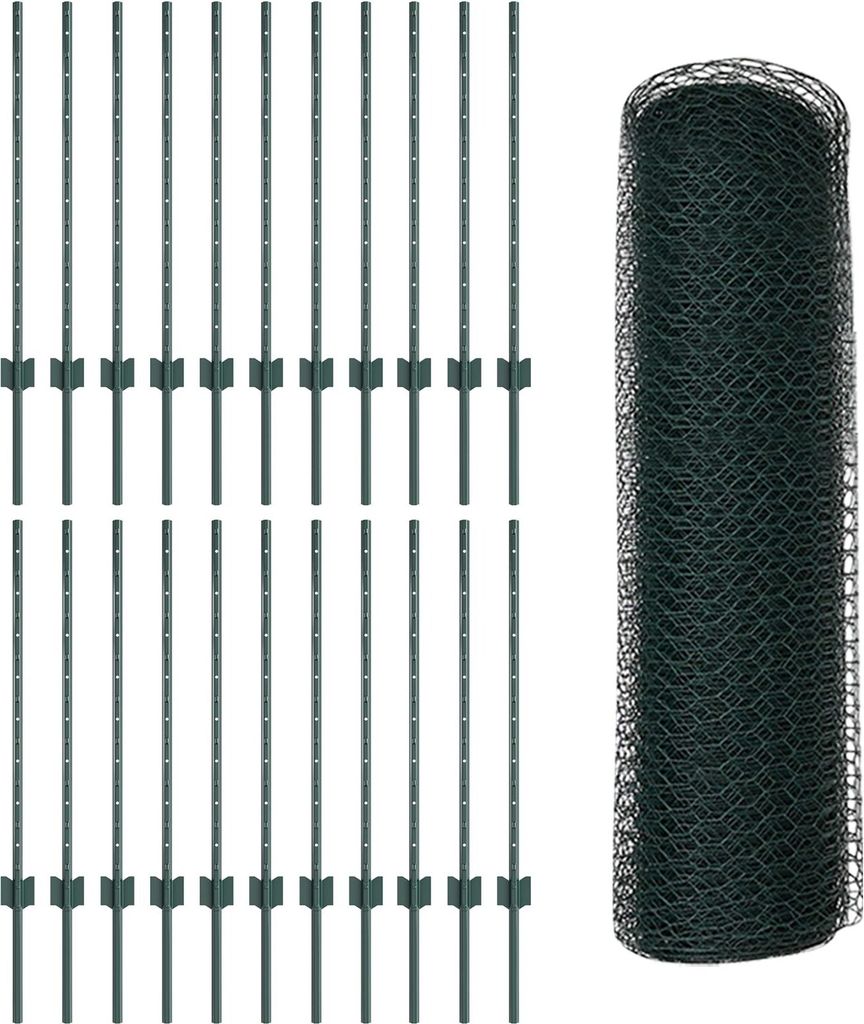 Möbel Zaunpfosten 11 Stück U-Kanal Grün 80 cm Stahl, Sechseckzaun Grün 0.8 x 50 m Stahl - Zaunzubehör 3336748