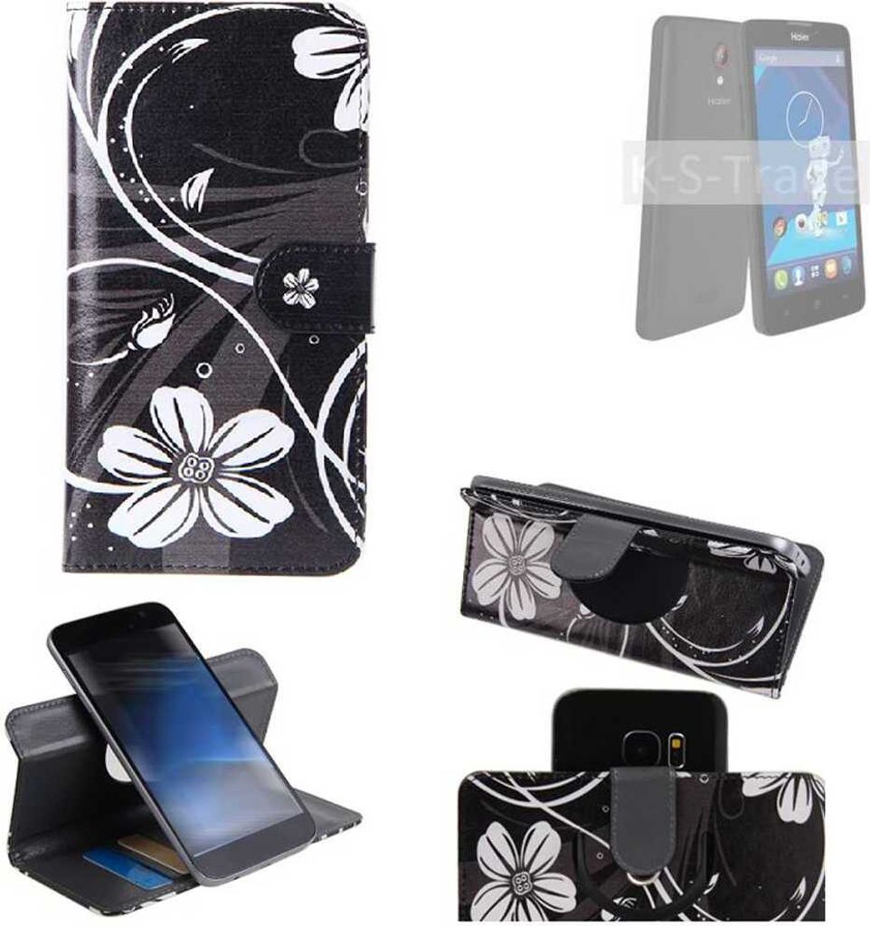 K-S-Trade Schutzhülle Handyhülle kompatibel mit Haier Phone L52 Hülle 360° Wallet Case ''Flowers'' Klapphülle Hülle schwarz-weiß 1x