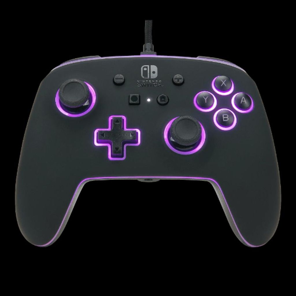 A black wired controller with purple LED lighting against a black background.