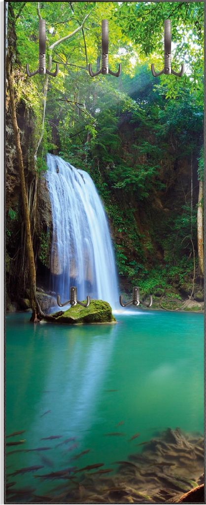 Wallario Flurgarderobe Wandgarderobe aus Holz, mit 5 Haken, Größe 50 x 125 cm, Motiv Wasserfall im Wald am See Idylle in Thailand