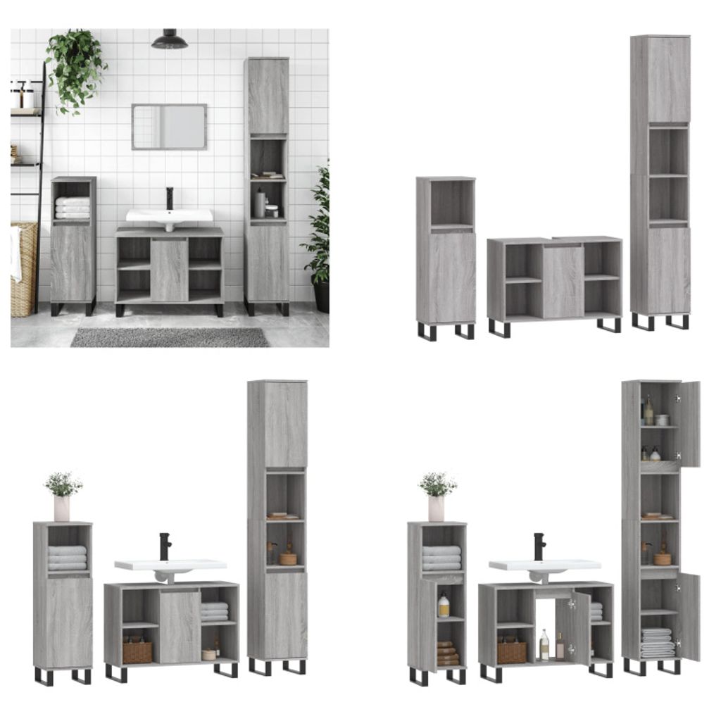vidaXL 3 tlg. Badmöbel Set Grau Sonoma Holzwerkstoff - Badmöbel Set - Badmöbel Sets - Badezimmerschrank - Badezimmermöbel