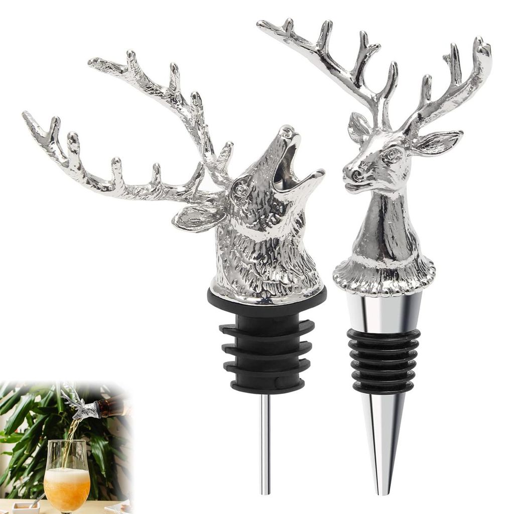 2PCS Weinausgießer mit Hirschkopf, Weinflaschenverschluss für Zuhause und die Bar, Weinausgießer verschluss in Tierform,mit 2 Flaschenverschlüsse