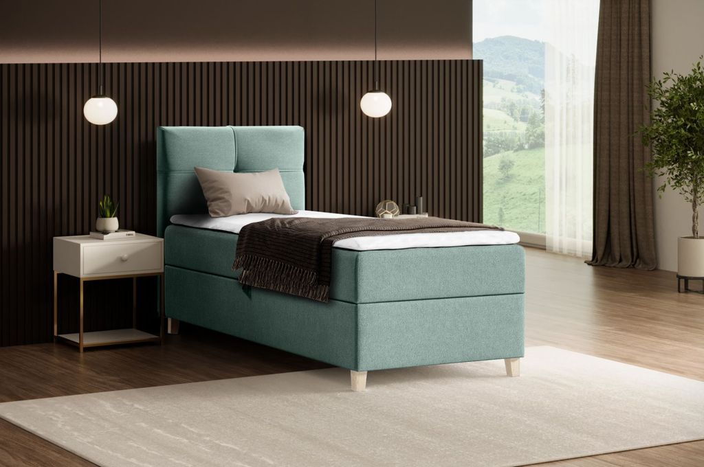 Modern Boxspringbett HELEN MINI - Bett mit Federkernmatratze Polsterbett 100x200cm mit Topper Einzelbett - Mint (soro 34)