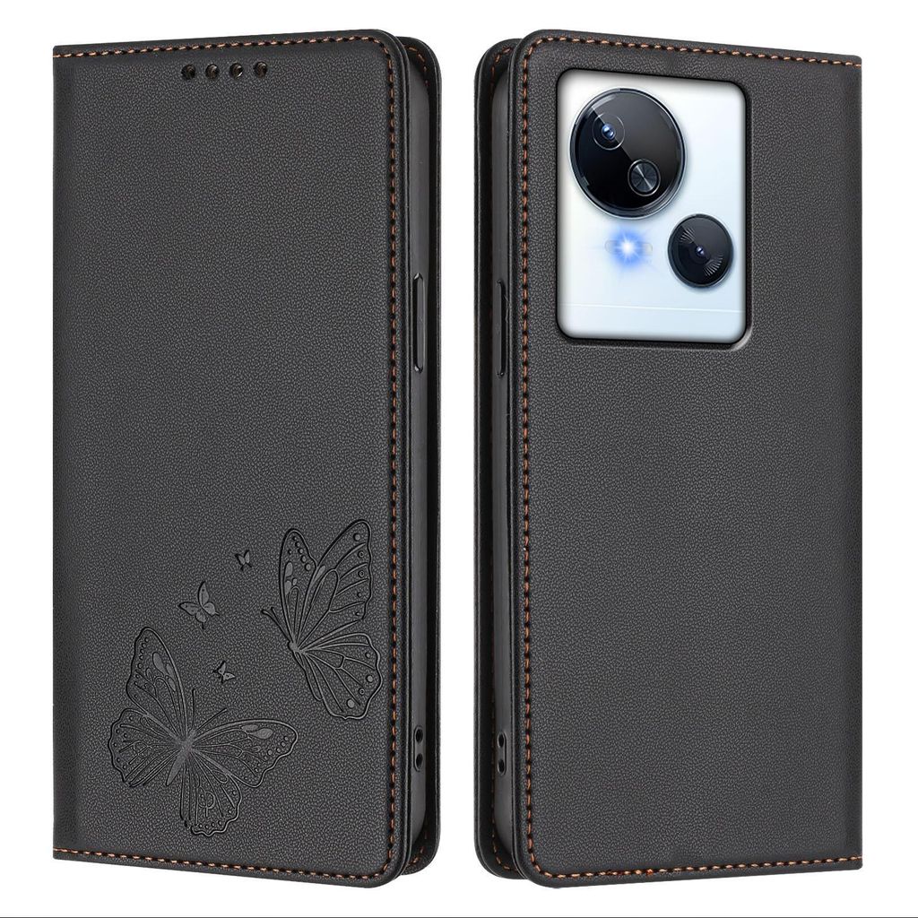 Lederhülle für Tecno Spark 10 5G, Schmetterling Prägung Leder Brieftasche Schutzhülle mit Ständer Schwarz
