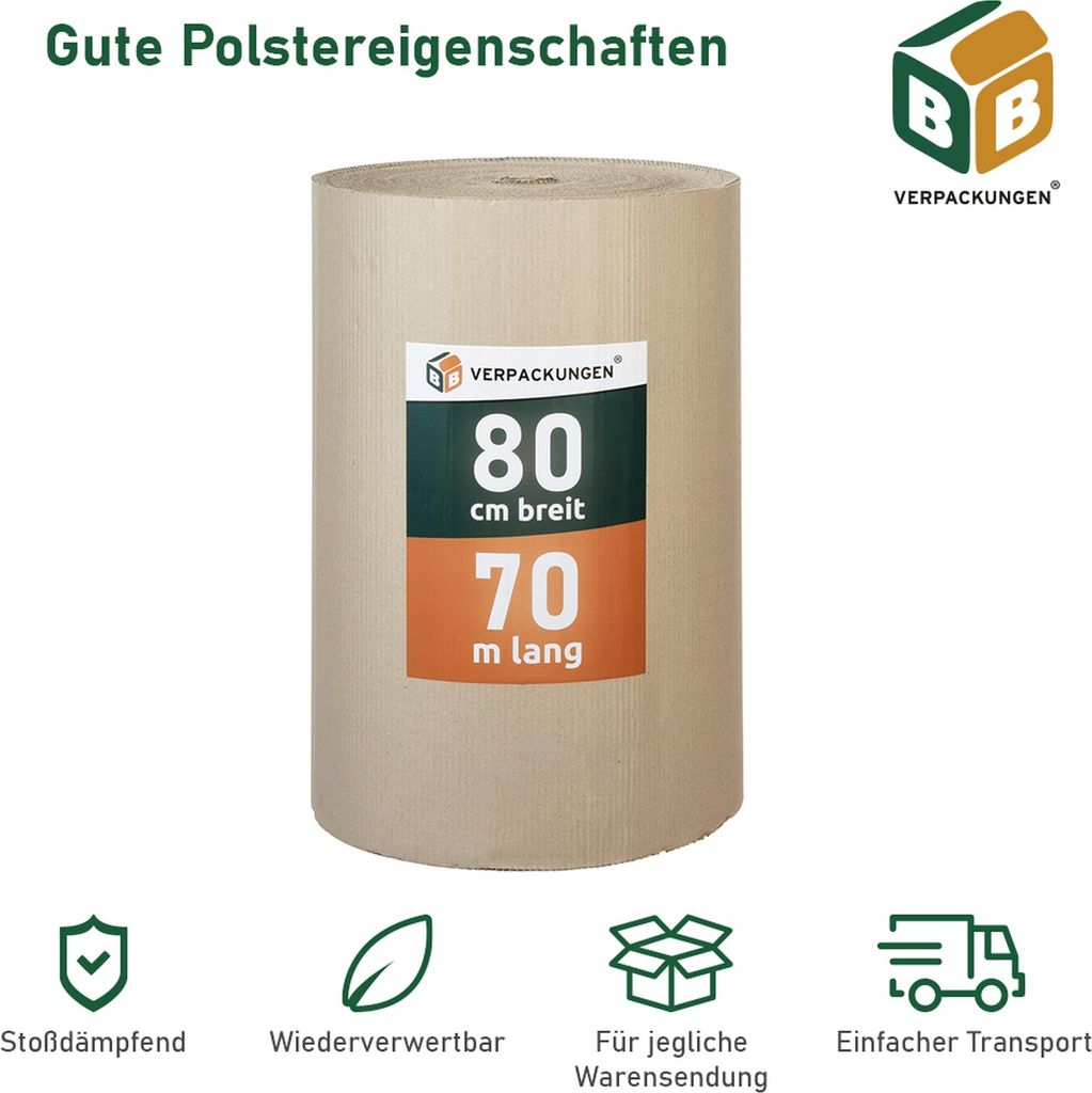 5 x Rollenwellpappe (0,8 x 70 m) Wellkarton Füllmaterial Polster Schutz Rollwellpappe BB-Verpackungen
