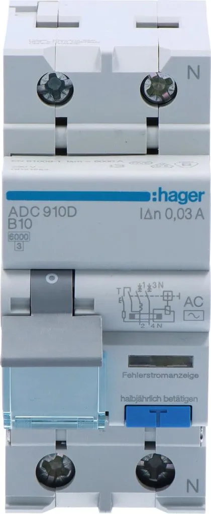 Disjoncteur différentiel 2P 10A B 0.03A type AC Hager ADC910D