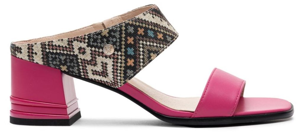 Pantoletten K752215001 aus Naturleder, Pink, ethnisches Muster, breiter Riemen, 6 cm Absatz