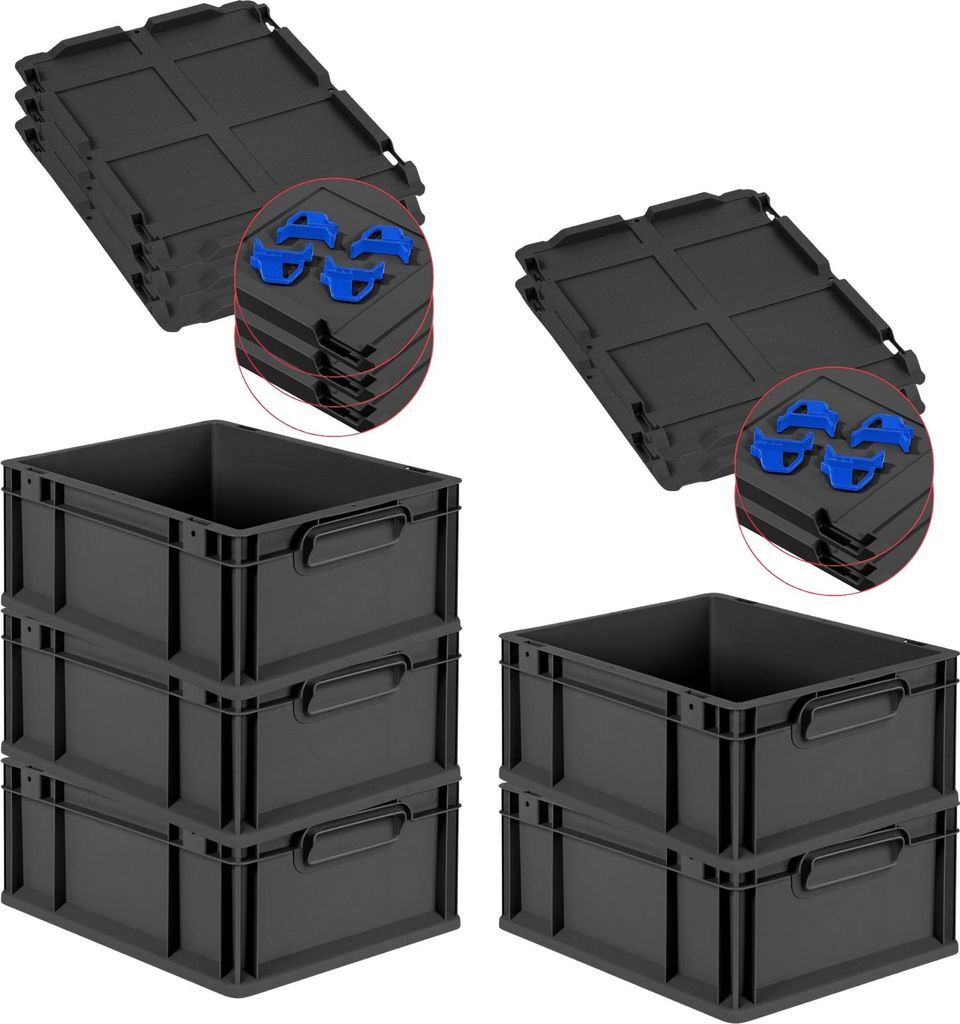 SparSet 5x Eurobox NextGen Grip mit Auflagedeckel inkl. 4 blauen Schiebeschnappverschlüssen | HxBxT 17x30x40cm | 16 Liter | Schwarz | Griffe gesch...