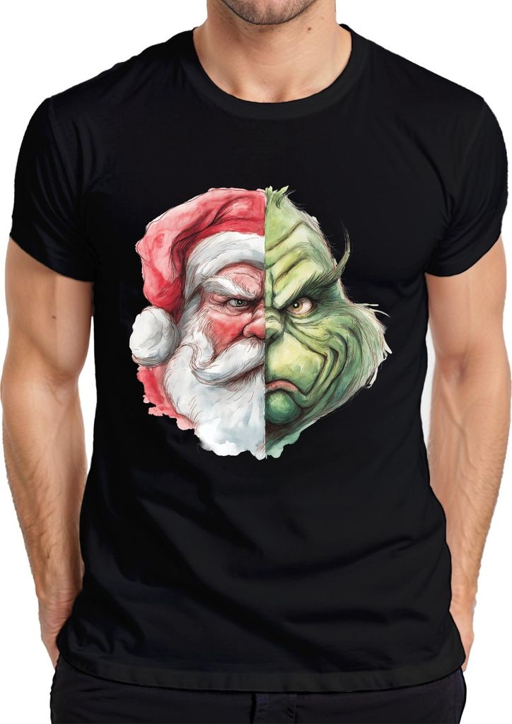 Grinch Santa zweigeteiltes Gesicht Weihnachten lustig Retro Herren T-Shirt, Schwarz, L