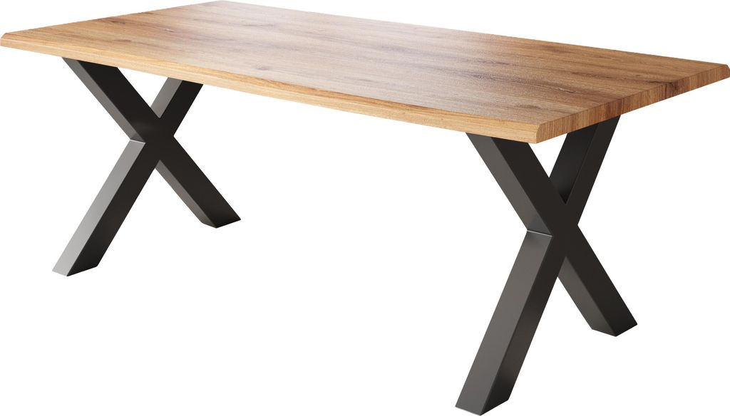 Esstisch Baumkante Holz-Optik Wildeiche 200 x 100 X-Gestell schwarz JULIUS
