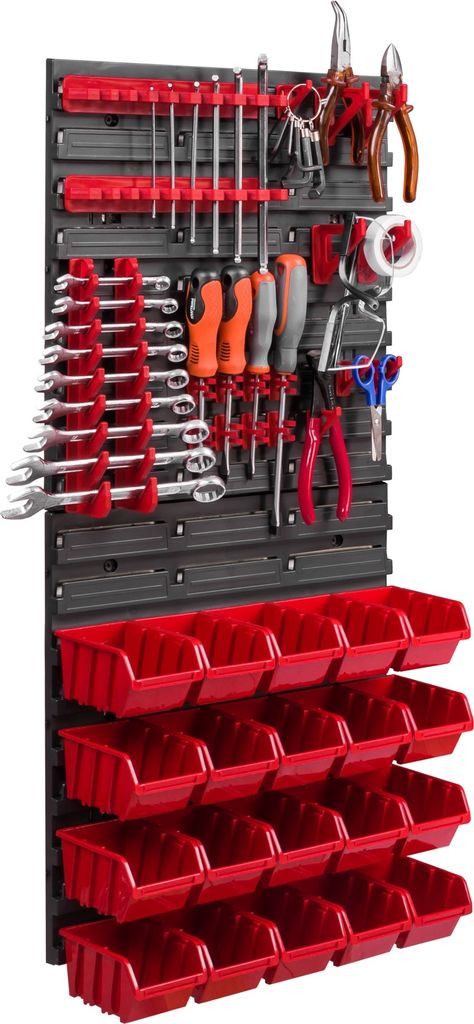 A tool organizer wall mount with various tools and storage bins.