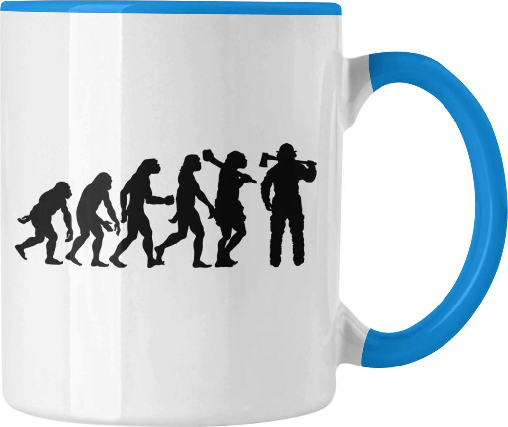 Trendation - Feuerwehr Tasse Geschenk für Feuerwehrmann Geburtstag Männer Spruch Evolution (Blau)