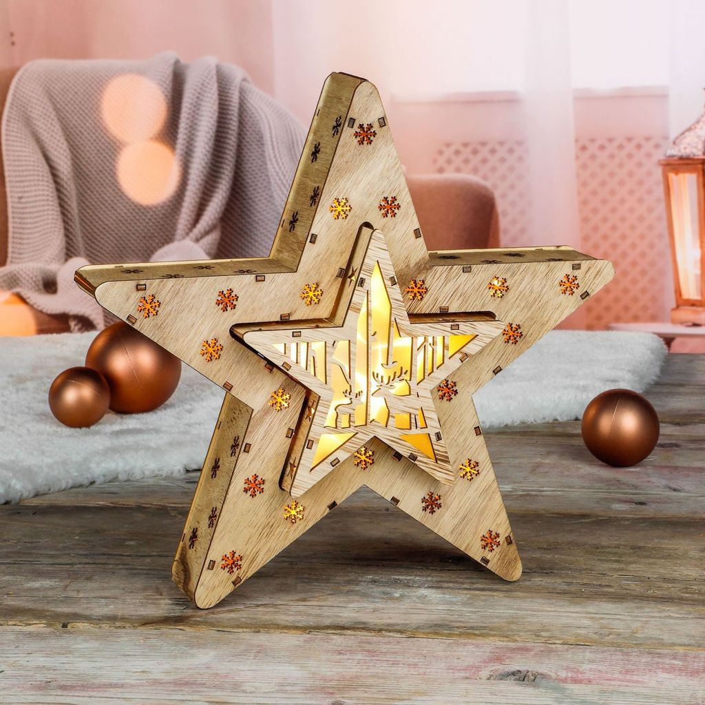 HI Zwei LED Holzsterne Weihnachts-Deko Stern aus Holz mit Produktbild 