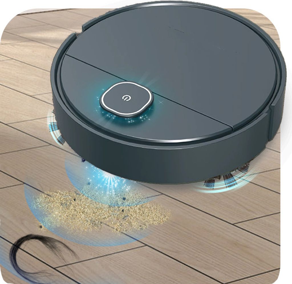 A robotic vacuum cleaner is cleaning a wooden floor, showing it picking up dirt and hair.