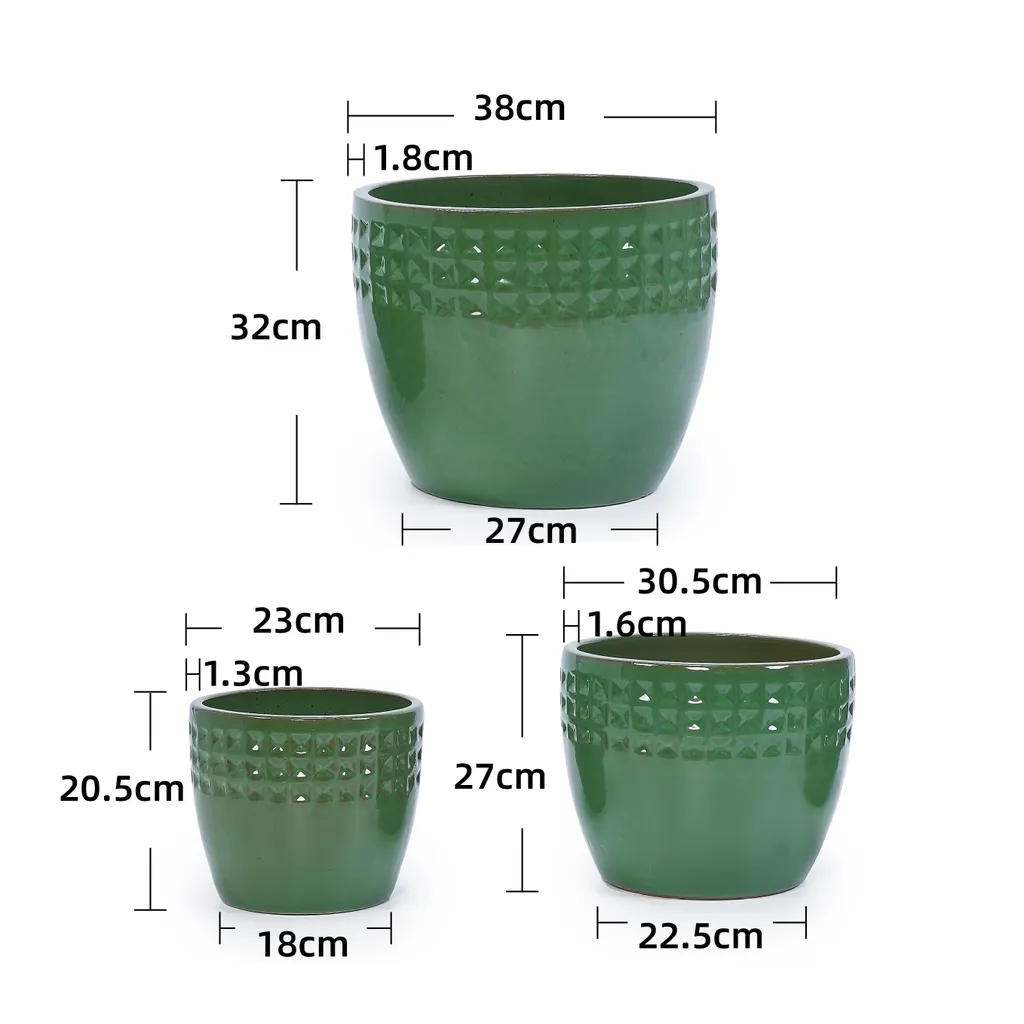 Pots de fleurs respirants en céramique verte faits main - Set de 3 pots - 4