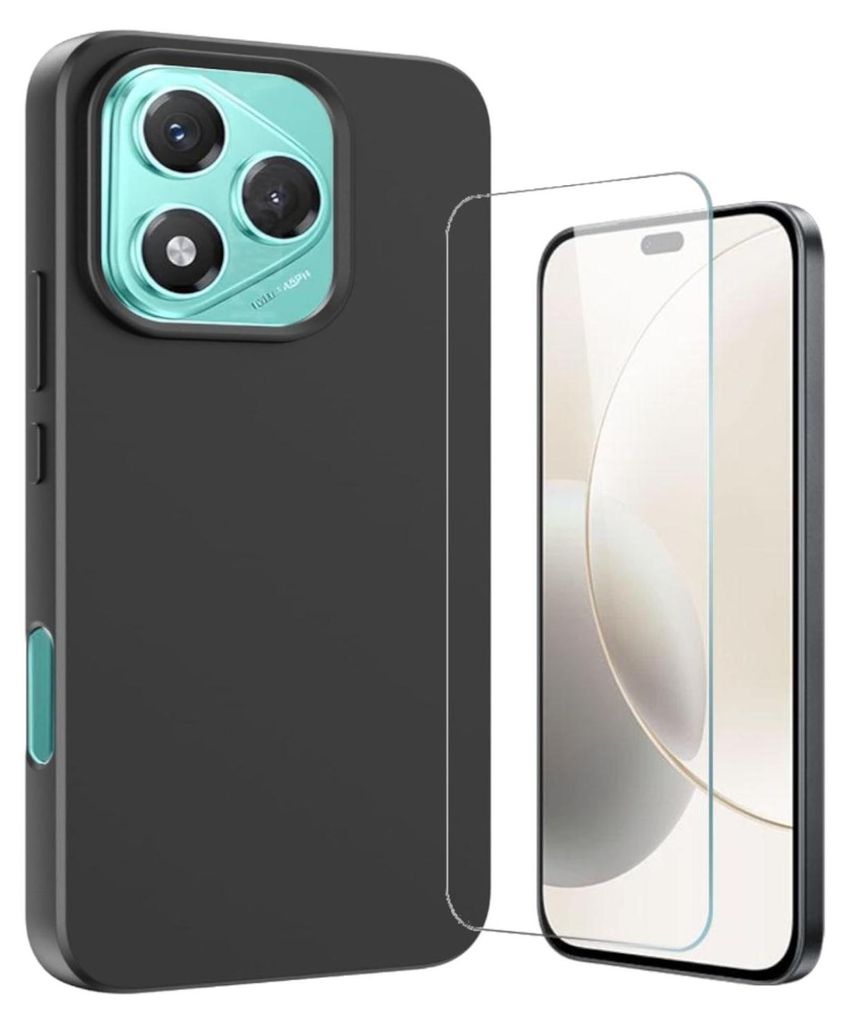 A black phone case and a screen protector are shown against a white background.