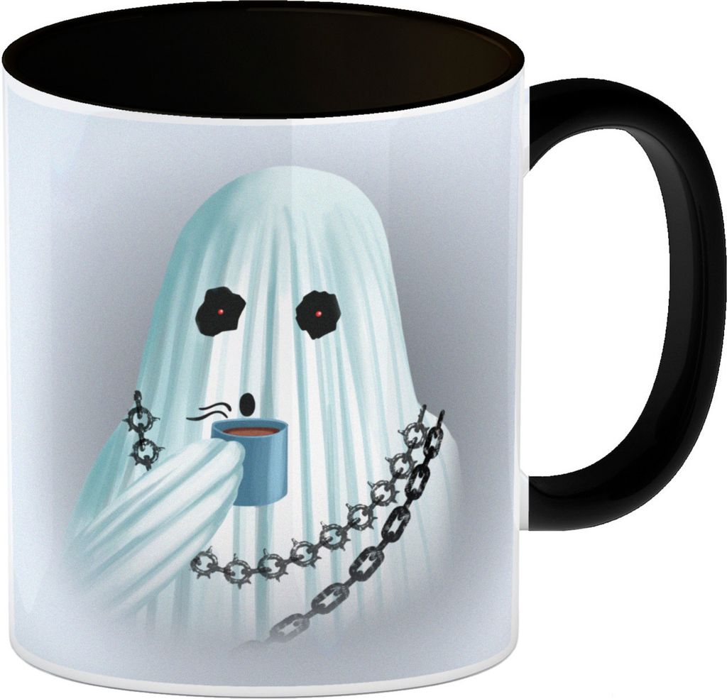 Kaffeebecher Schwarz mit lustigem Motiv und Spruch - Auch Geister brauchen