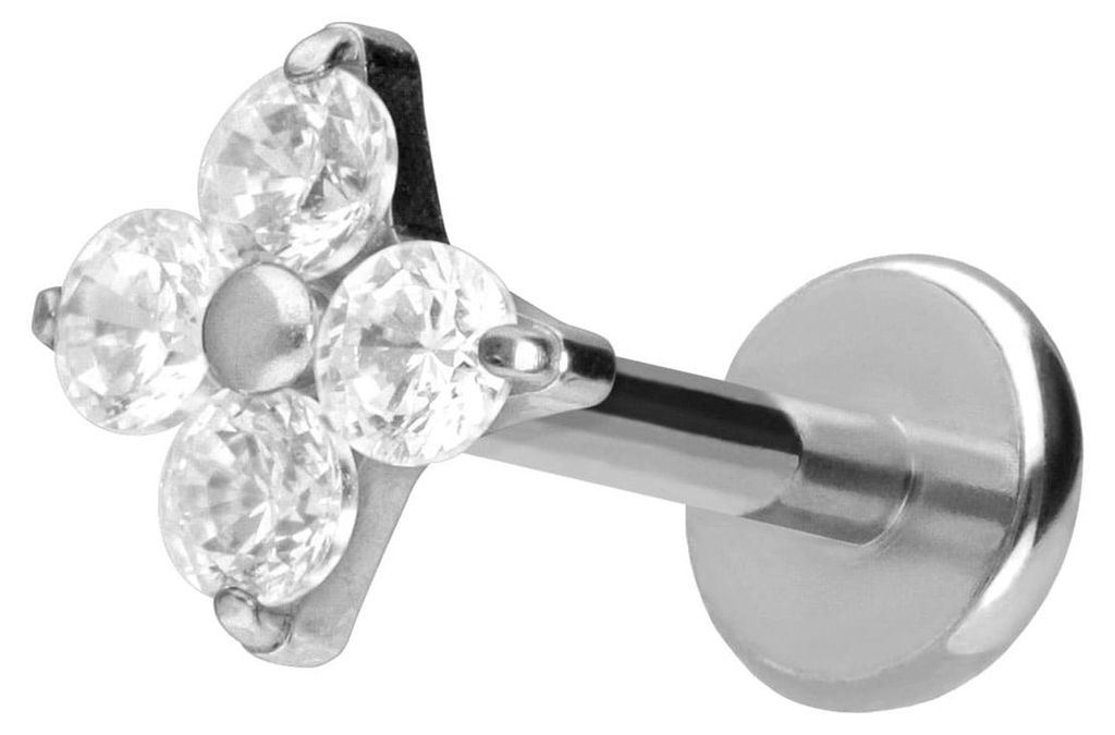 Ohrpiercing, Nasenpiercing Titan Labret mit Push Fit KRISTALLBLUME Silber Stablänge: 10mm | Stabstärke: 1mm