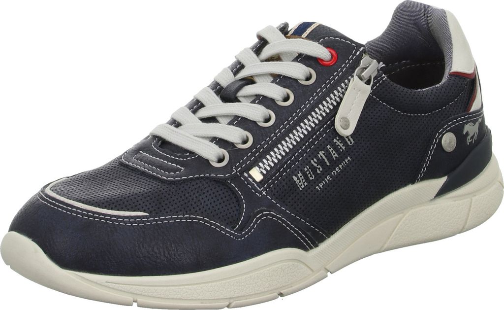 A single blue sneaker with white laces and a zipper on the side, shown from a three-quarter angle against a white background.