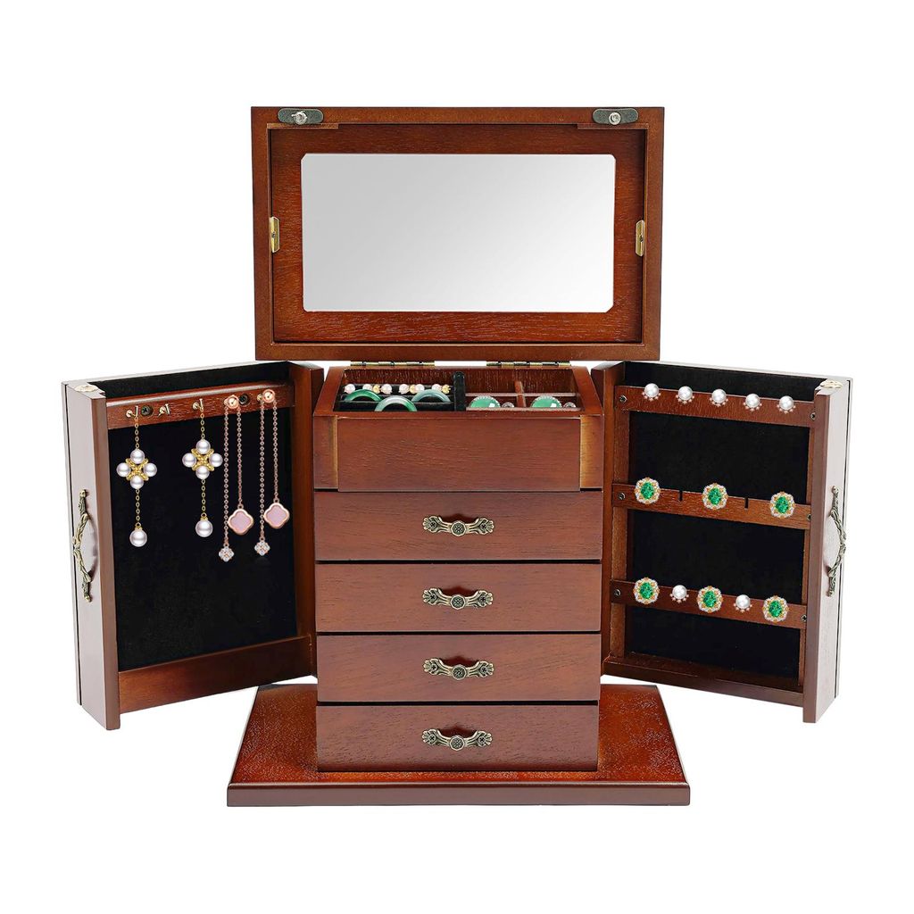 Schmuckkästchen 4 Schublade Holz Schmuckschatulle Braun Schmuckkasten Zweitüriges Design Aufbewahrungsbox