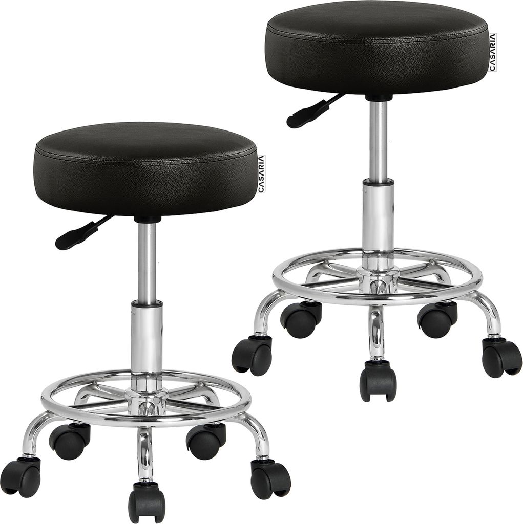 CASARIA Rollhocker Höhenverstellbar 10cm Polsterung 51-65cm Sitzhöhe 360° Drehbar Ø35cm Fußstütze Rund Büro Hocker Drehhocker Arbeitshocke...