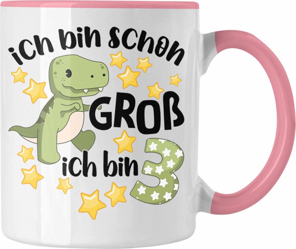 Trendation - 3. Geburtstag Tasse Jungs Jungen Geschenk 3 Jahre Alt 3 Dino für Jungs Dinosaurier Sohn (Rosa)
