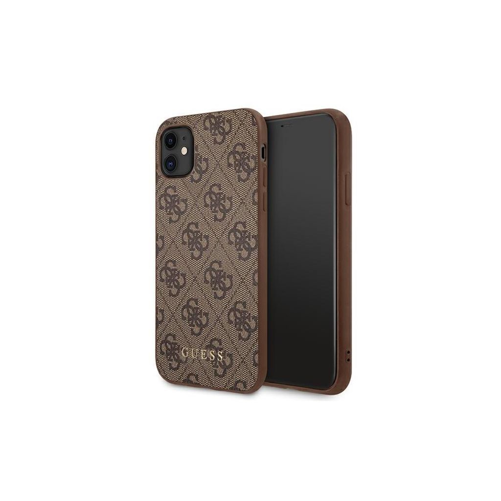 A brown Guess branded iPhone case is shown on a white background.