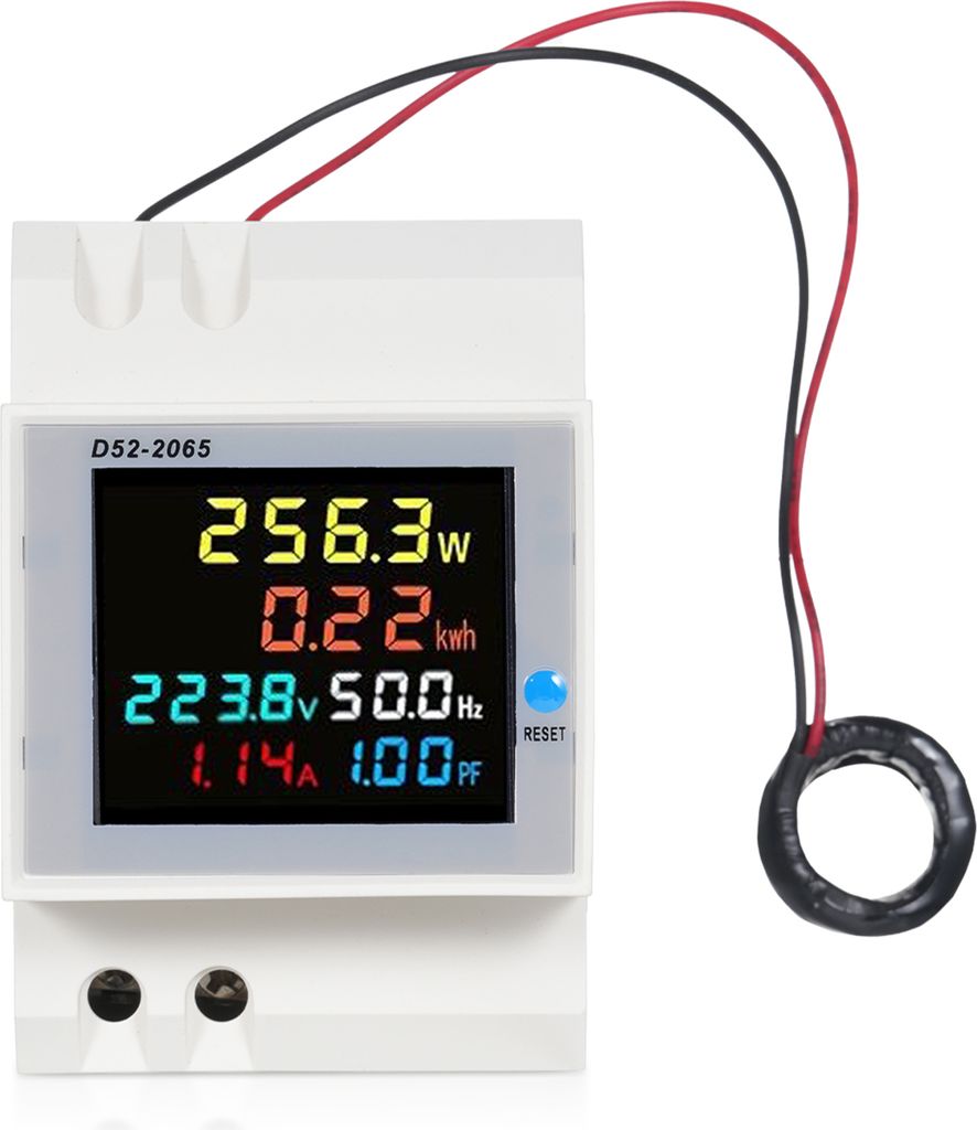 D52-2065 6-in-1 Digitaler Einphasen-Energiezaehler-Tester Din-Schienen-Wechselstrommonitor Spannung Strom Leistungsfaktor Aktiv KWH Wechselstrom 40...