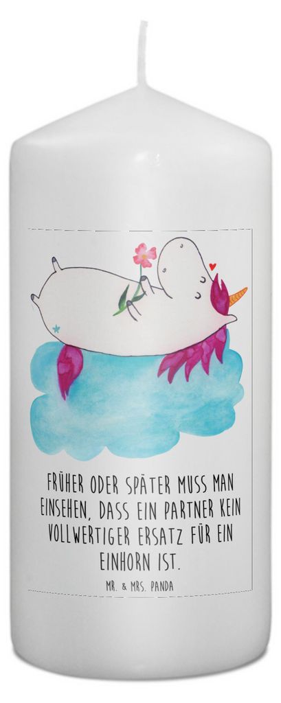 Mr. & Mrs. Panda Kerze Einhorn Verliebt 15 x 7 cm - Weiß - Geschenk, Unicorn, Einhörner, Liebe, Blockkerze, Wolke, Erinnerungslicht, Erinnerungsk...