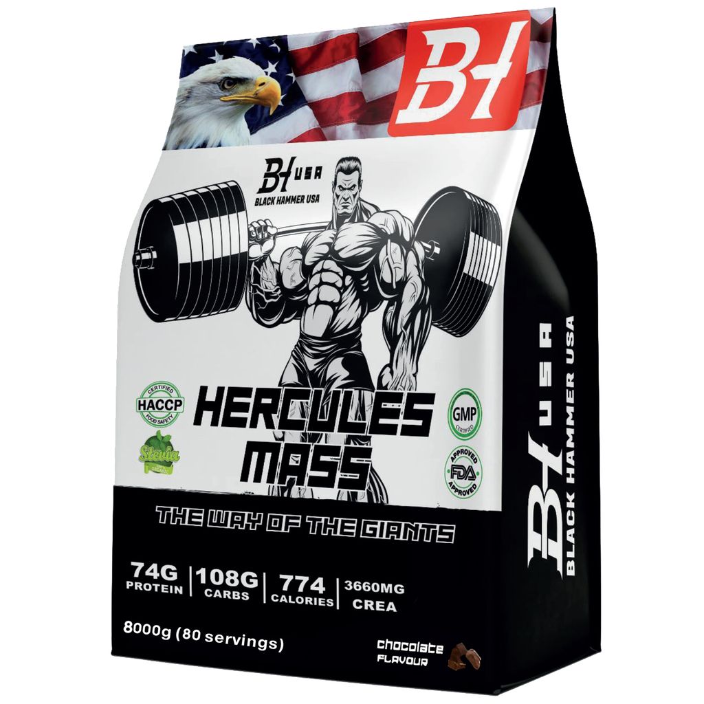 HERCULES Mass Gainer 8kg Schokolade – Protein & Carbs Gainer für Muskelkraft, Performance & Regeneration | Black Hammer USA