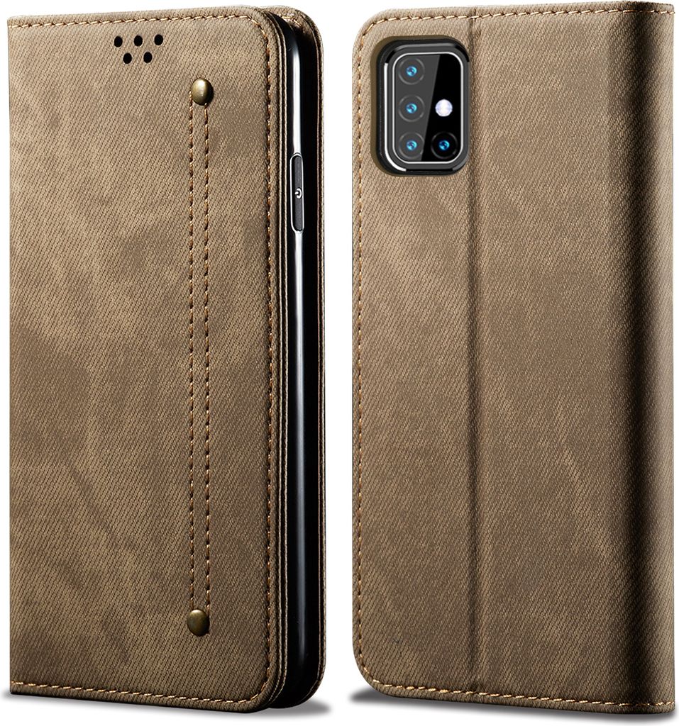Galaxy M31S Hülle, LaimTop Denim Leder Brieftasche Magnetverschluss Flip Bookstyle Schutzhülle mit Standfunktion für Samsung Galaxy M31S Khaki