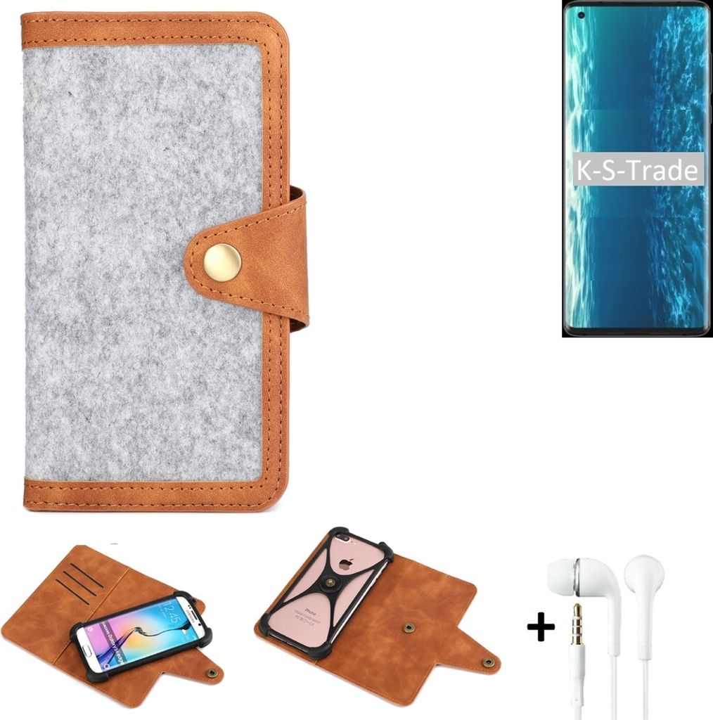 K-S-Trade Handyhülle + Kopfhörer kompatibel mit Motorola Edge Schutzhülle Filz Hülle Kunstleder hellgrau braun (1x)