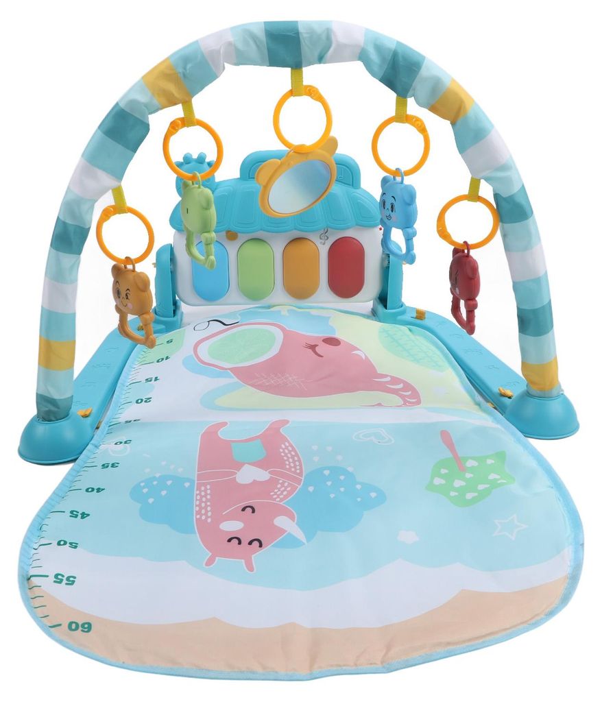 Spielmatte für Baby-Fitnessstudios, Aktivität für Kleinkinder, Klavier, Bauchzeit, mit Pedal und hängenden Rasseln, Elefanten-Nashorn-Muster