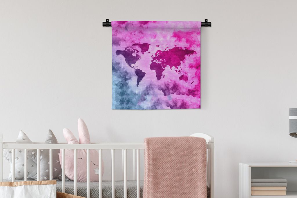 MuchoWow Wandteppich Wandbehang Weltkarte - Rosa - Abstrakt 60x60 cm Tapisserie Dekoration Wandtuch - Dekorationen - Wand Decke