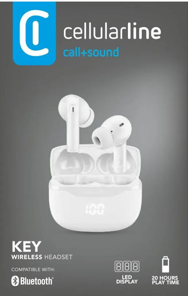 Cellularline Key Écouteurs TWS Bluetooth 5.4 Blanc avec Étui LED Intégré