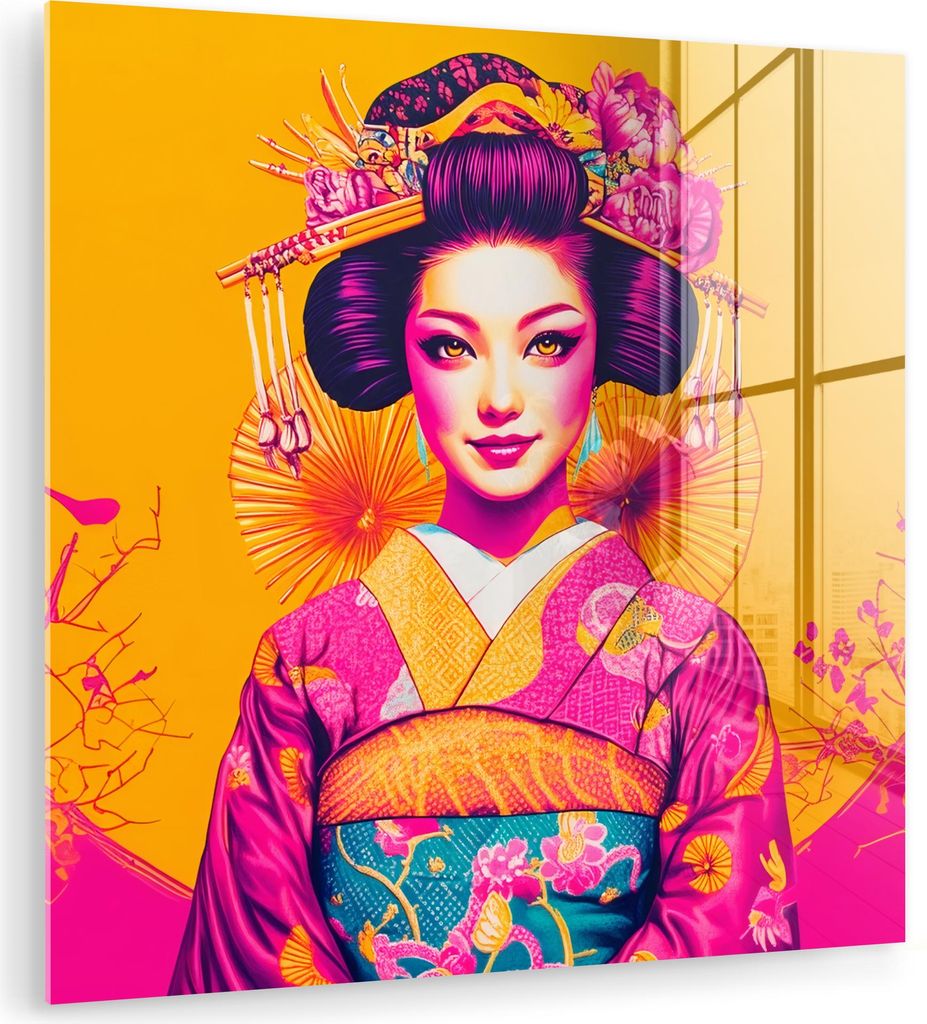 MuchoWow Glasbilder - Bilder auf Wandbild - Foto auf Glas Blumen - Frau - Kimono - Rosa 90x90 cm Wanddekoration aus Glas - Acrylglasbild - Acrylbil...