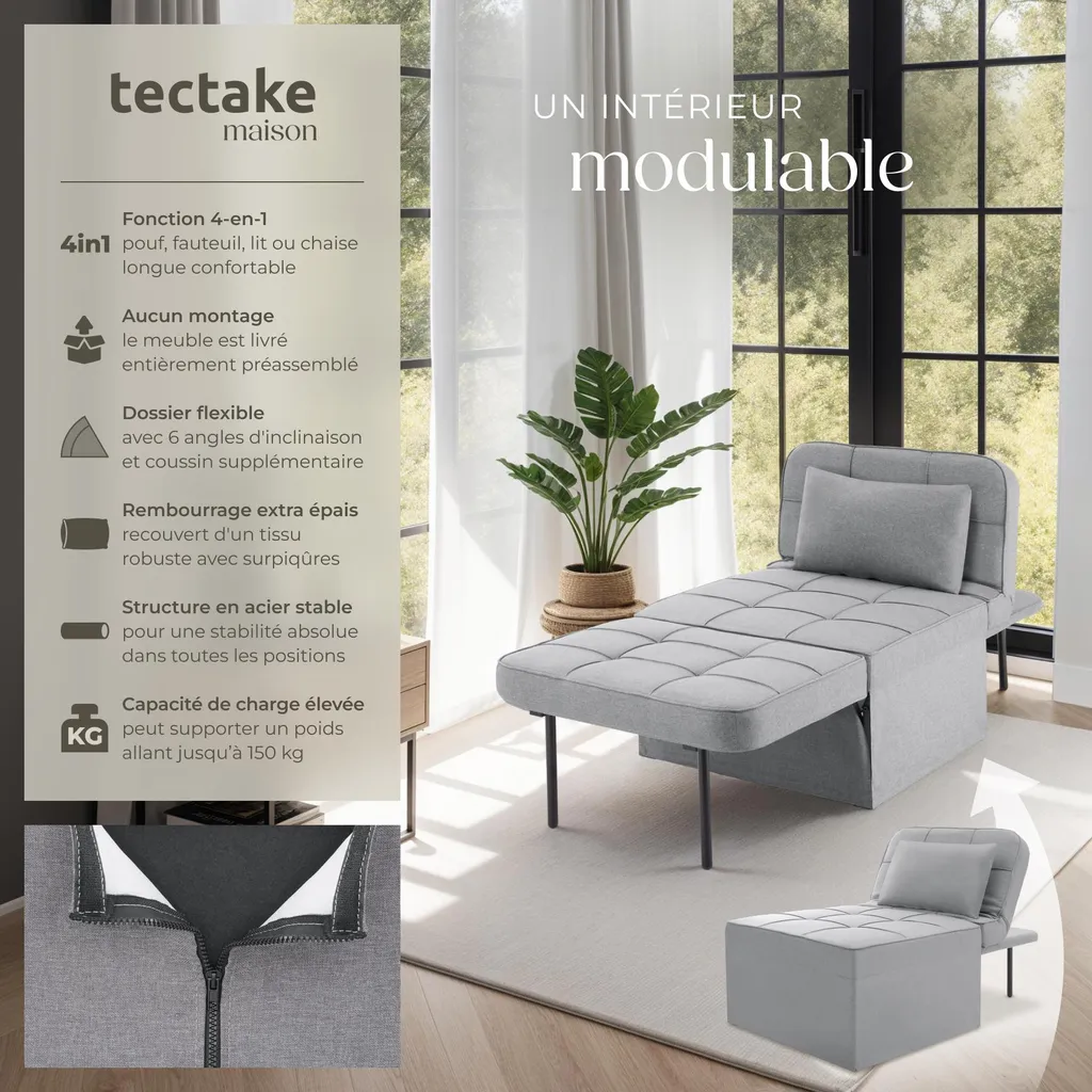 Lit d'appoint et fauteuil de salon PONTO gris clair idéal petits espaces - 2