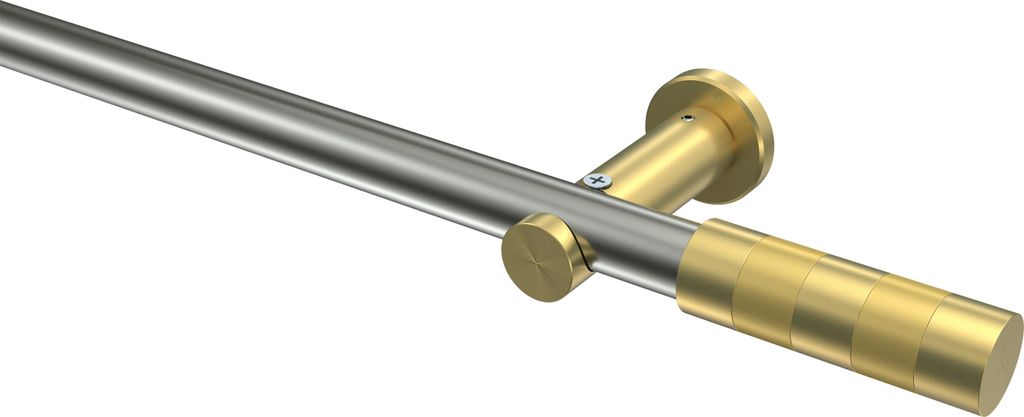 Interdeco Gardinenstange / Vorhangstange Edelstahl-Optik / Messing-Optik, Typ Platon Mavell (Zylinder Bicolor) ohne Ringe, 20 mm Ø 1-läufig, 260 cm