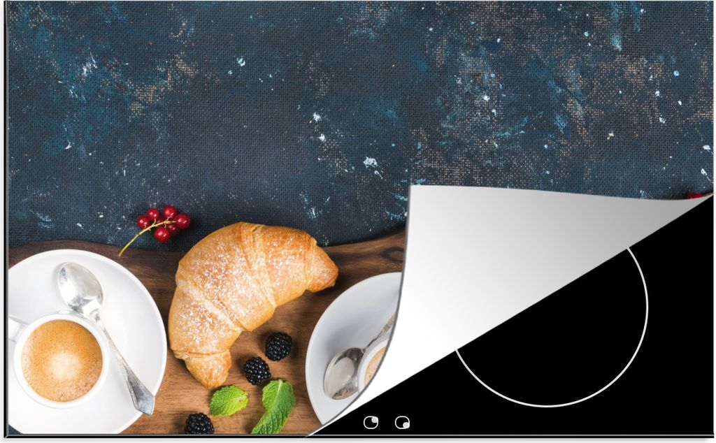 KitchenYeah Herdabdeckplatte Croissant - Obst - Kaffee - Küche , 85x52cm, Küche Deko, Glaskeramikkochfeld Herdabdeckung, Abdeckplatte fùr Koch...