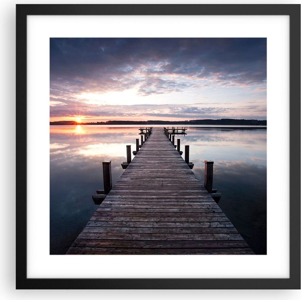 Gerahmtes Poster - Schwarzer Rahmen - Fußgängerbrücke See Sonnenuntergang Abend - 40x40 cm - Wand Bild - Wanddeko - Wandbilder - Wandposter - Bi...