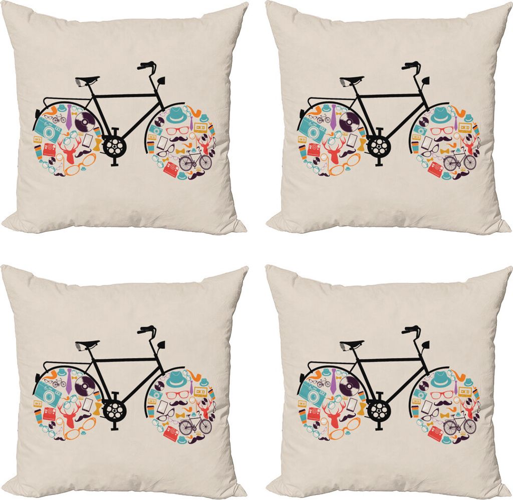 ABAKUHAUS Hipster Kissenbezug Set (4 Stück), Bike mit Retro, Moderner Doppelseitiger Digitaldruck, 60 cm x 60 cm, Mehrfarbig