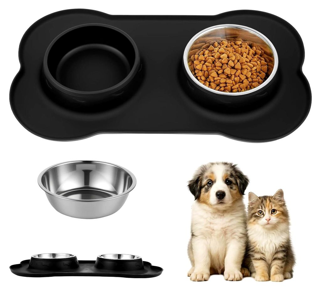Futternapf für Hunde und Katzen, Edelstahl Napfset für kleine Hunde, Wassernapf mit rutschfester Silikonunterlage (S 36 x 21 cm)