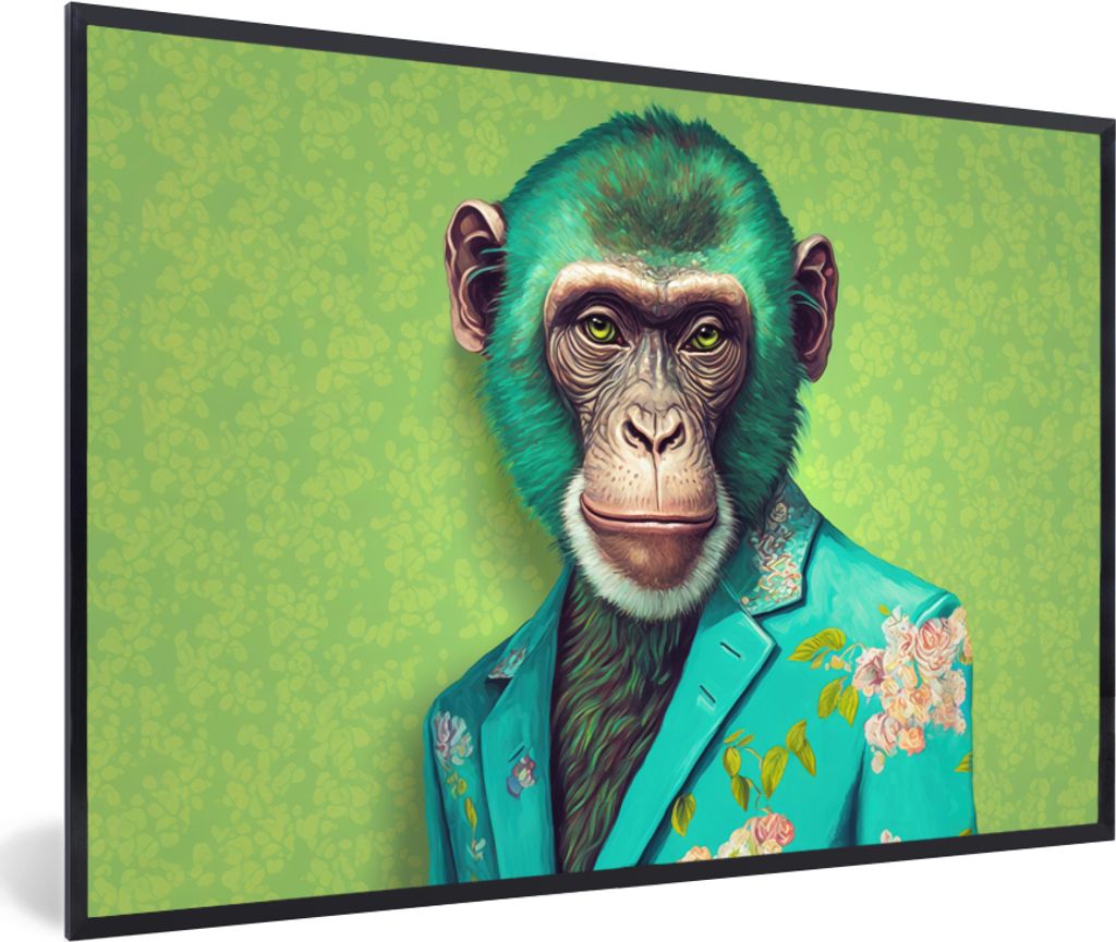 MuchoWow Gerahmtes Poster Affe - Colbert - Blumen - Neon - Porträt 60x40 cm - Poster mit Schwarzem Bilderrahmen Wandposter Rahmen Foto Bilder - ...