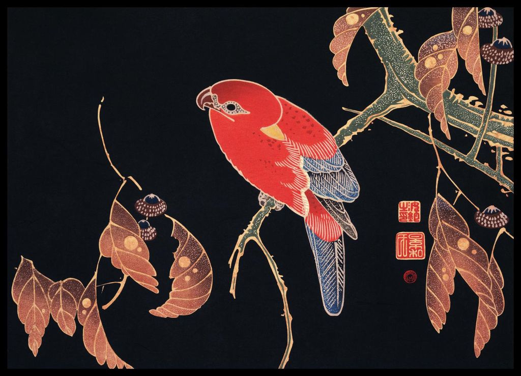 Plakat 70x50cm Roter Papagei, Japanischer Vintage Jakuchu für das Wohnzimmer