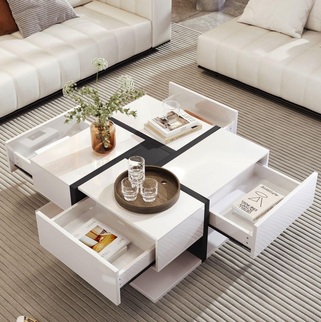 Abrihome Quadratische Hochglanz Couchtisch mit 4 Schubladen, Wohnzimmertisch Beistelltisch, Weiß